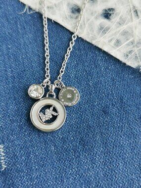 Michael Kors Crystal Logo Triple Charm Silver Necklace NEW